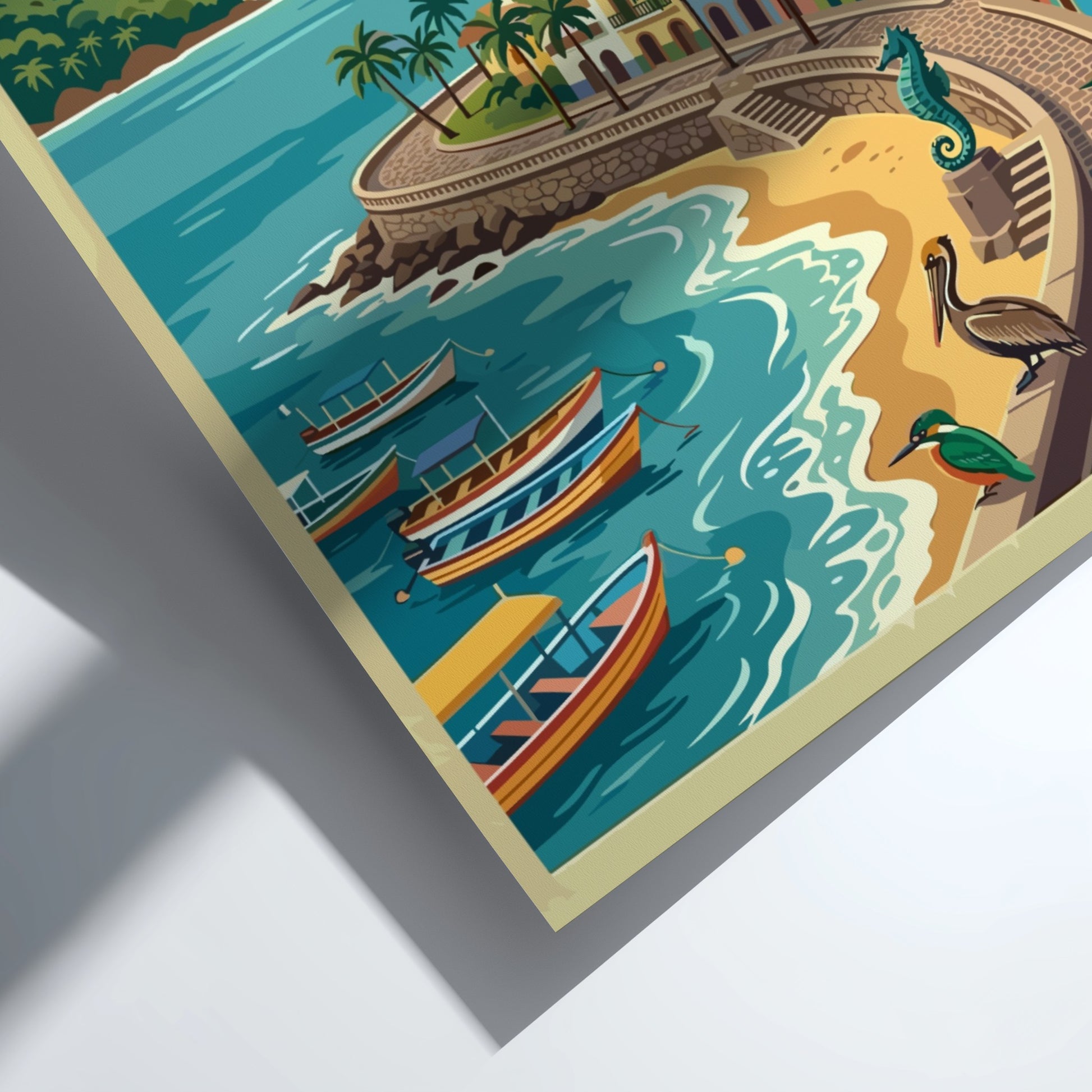 Travel poster of Puerto Vallarta Jalisco Mexico with a coastal church and boats