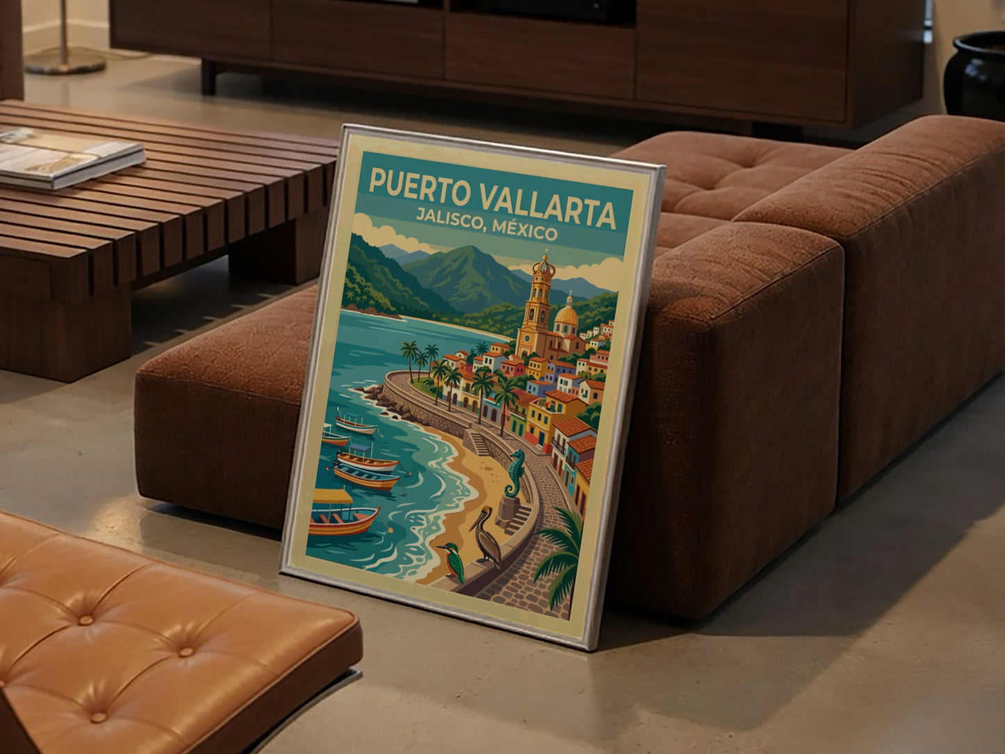 Travel poster of Puerto Vallarta Jalisco Mexico with a coastal church and boats