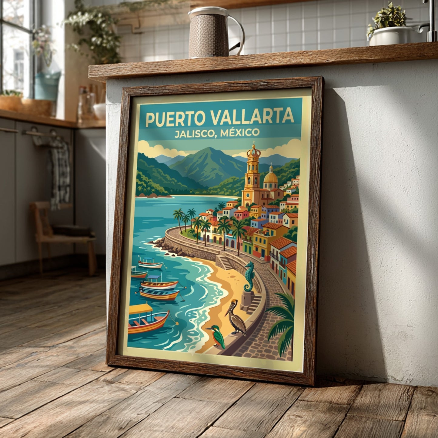 Travel poster of Puerto Vallarta Jalisco Mexico with a coastal church and boats