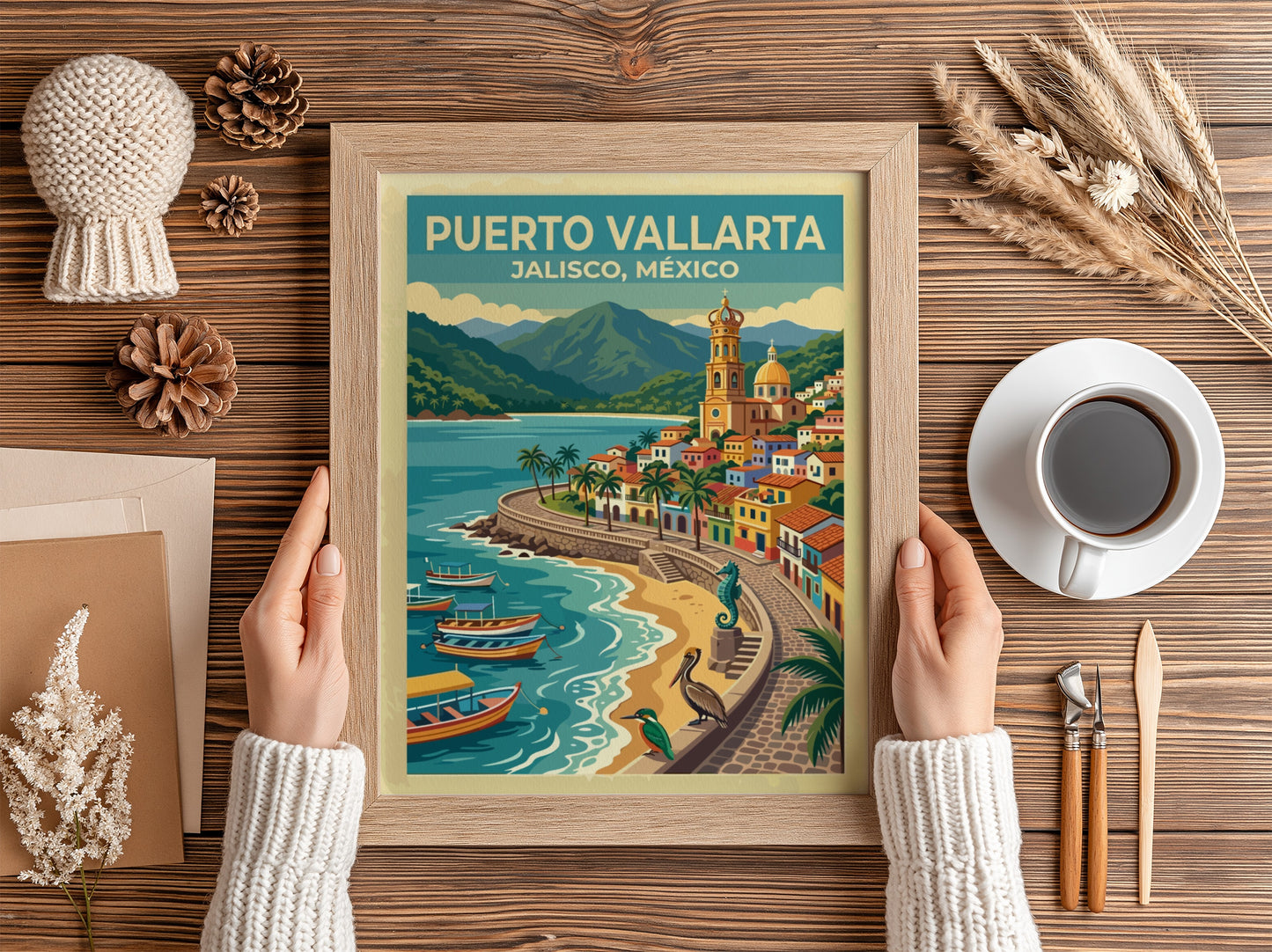Travel poster of Puerto Vallarta Jalisco Mexico with a coastal church and boats