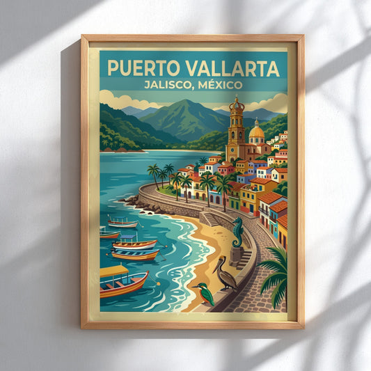 Travel poster of Puerto Vallarta Jalisco Mexico with a coastal church and boats
