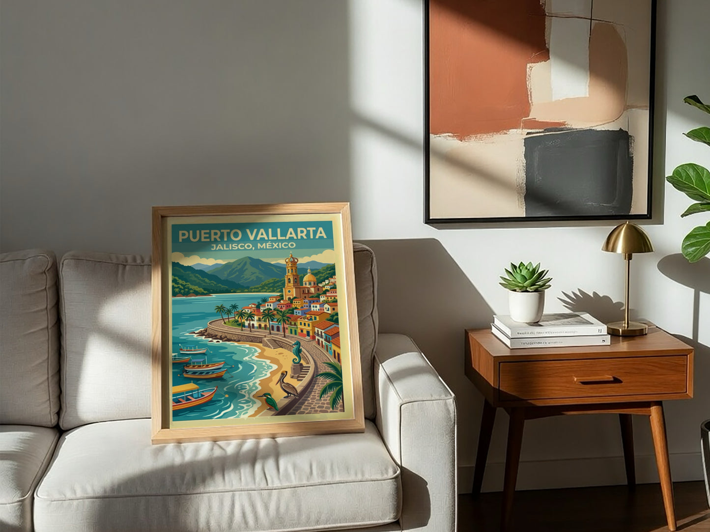 Travel poster of Puerto Vallarta Jalisco Mexico with a coastal church and boats