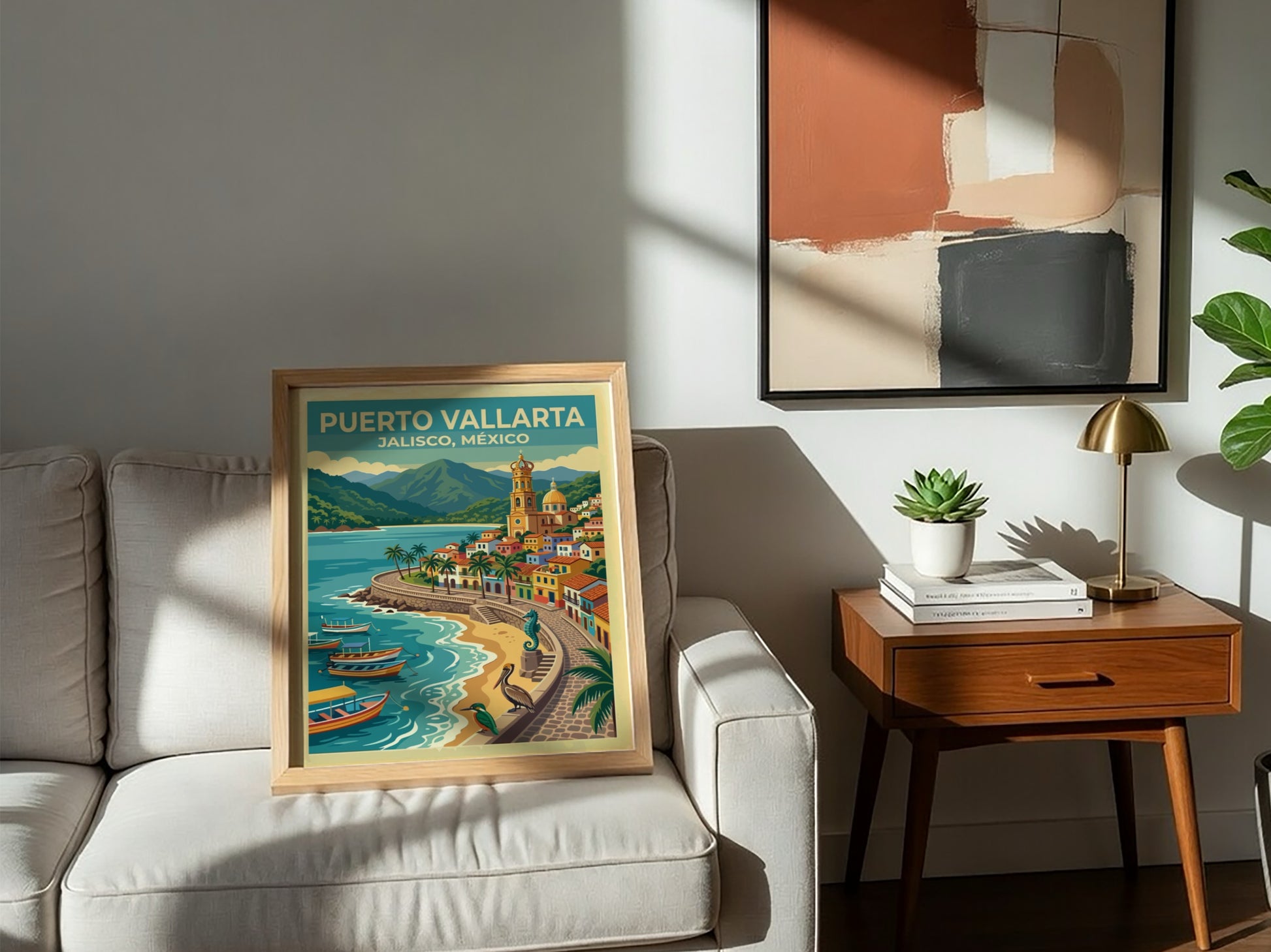 Travel poster of Puerto Vallarta Jalisco Mexico with a coastal church and boats