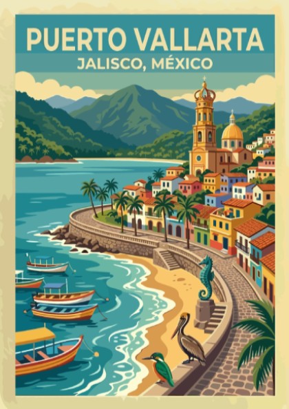Travel poster of Puerto Vallarta Jalisco Mexico with a coastal church and boats
