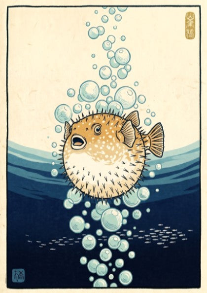 Japanese art style poster featuring a pufferfish surrounded by bubbles in soft blue tones