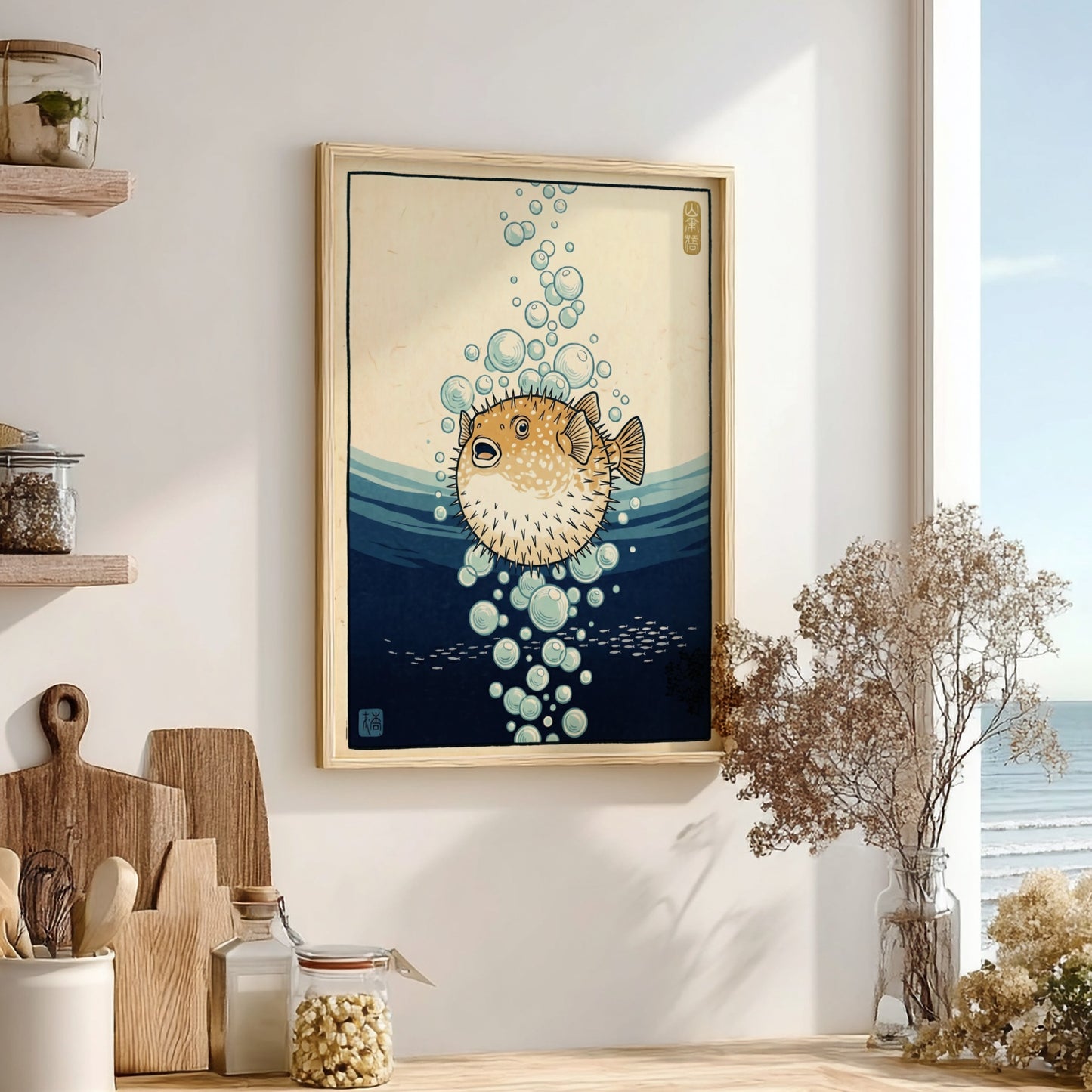 Japanese art style poster featuring a pufferfish surrounded by bubbles in soft blue tones