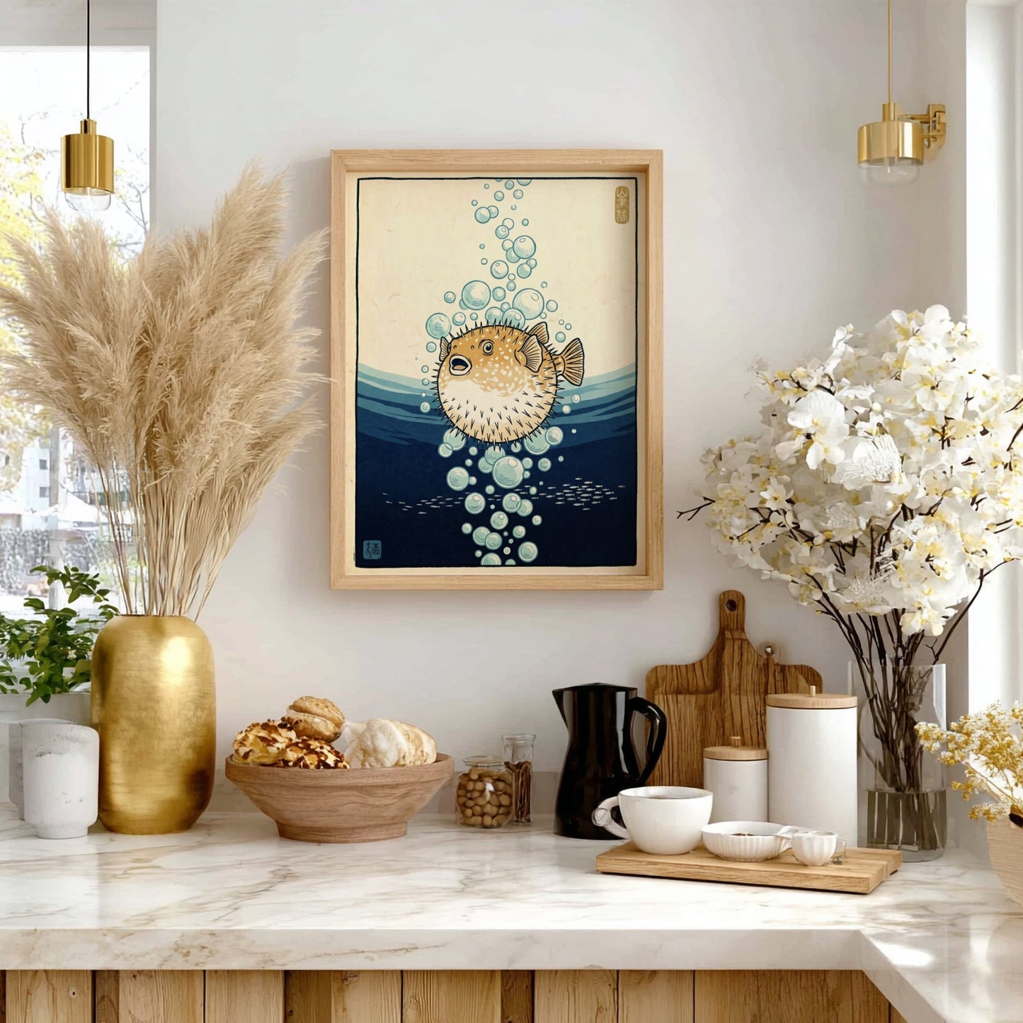 Japanese art style poster featuring a pufferfish surrounded by bubbles in soft blue tones