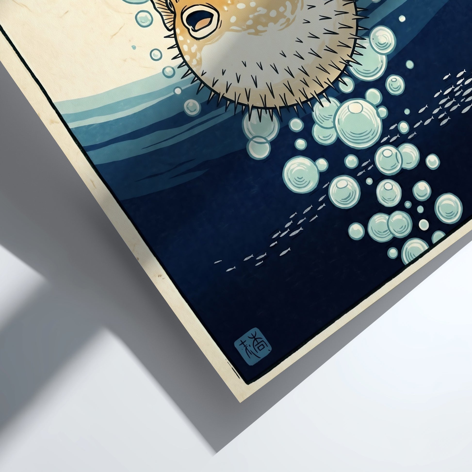 Japanese art style poster featuring a pufferfish surrounded by bubbles in soft blue tones