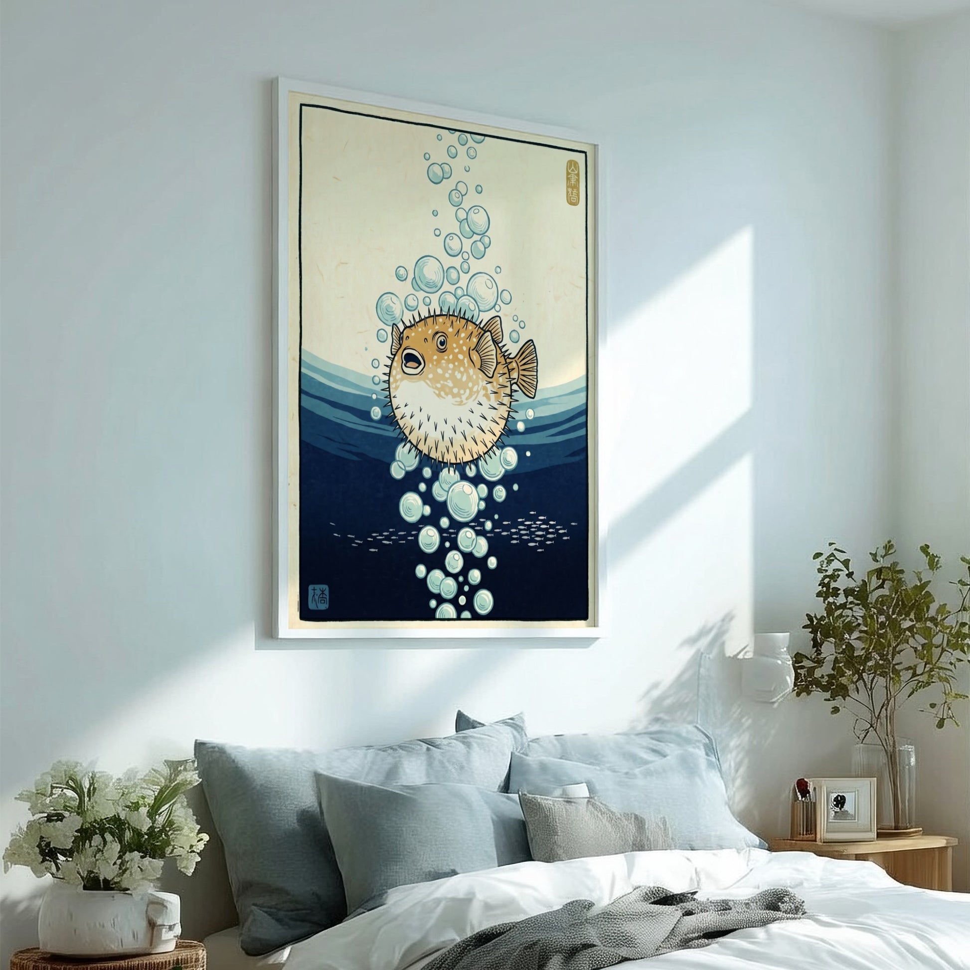 Japanese art style poster featuring a pufferfish surrounded by bubbles in soft blue tones