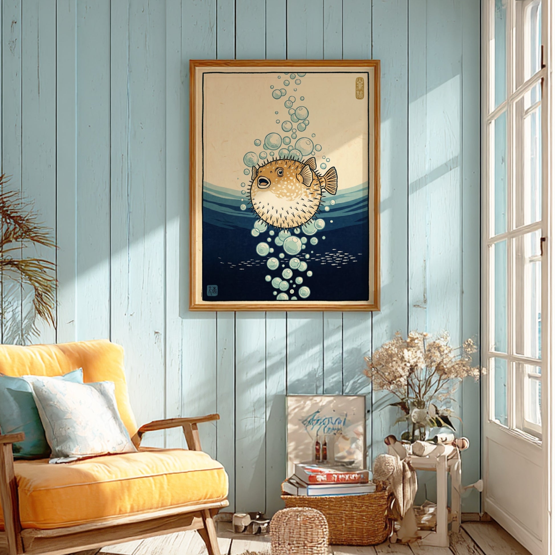 Japanese art style poster featuring a pufferfish surrounded by bubbles in soft blue tones