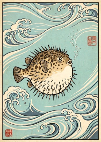 Japanese art style poster featuring a pufferfish surrounded by ocean waves in blue tones