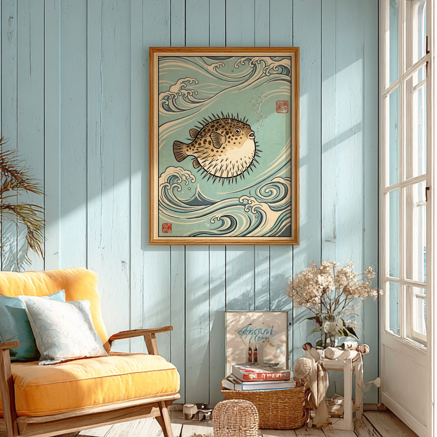 Japanese art style poster featuring a pufferfish surrounded by ocean waves in blue tones