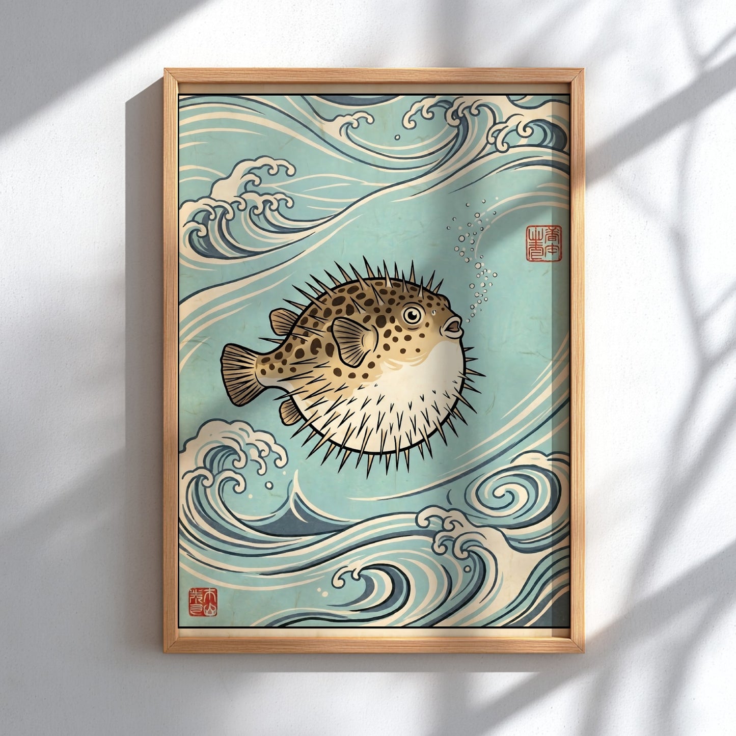 Japanese art style poster featuring a pufferfish surrounded by ocean waves in blue tones