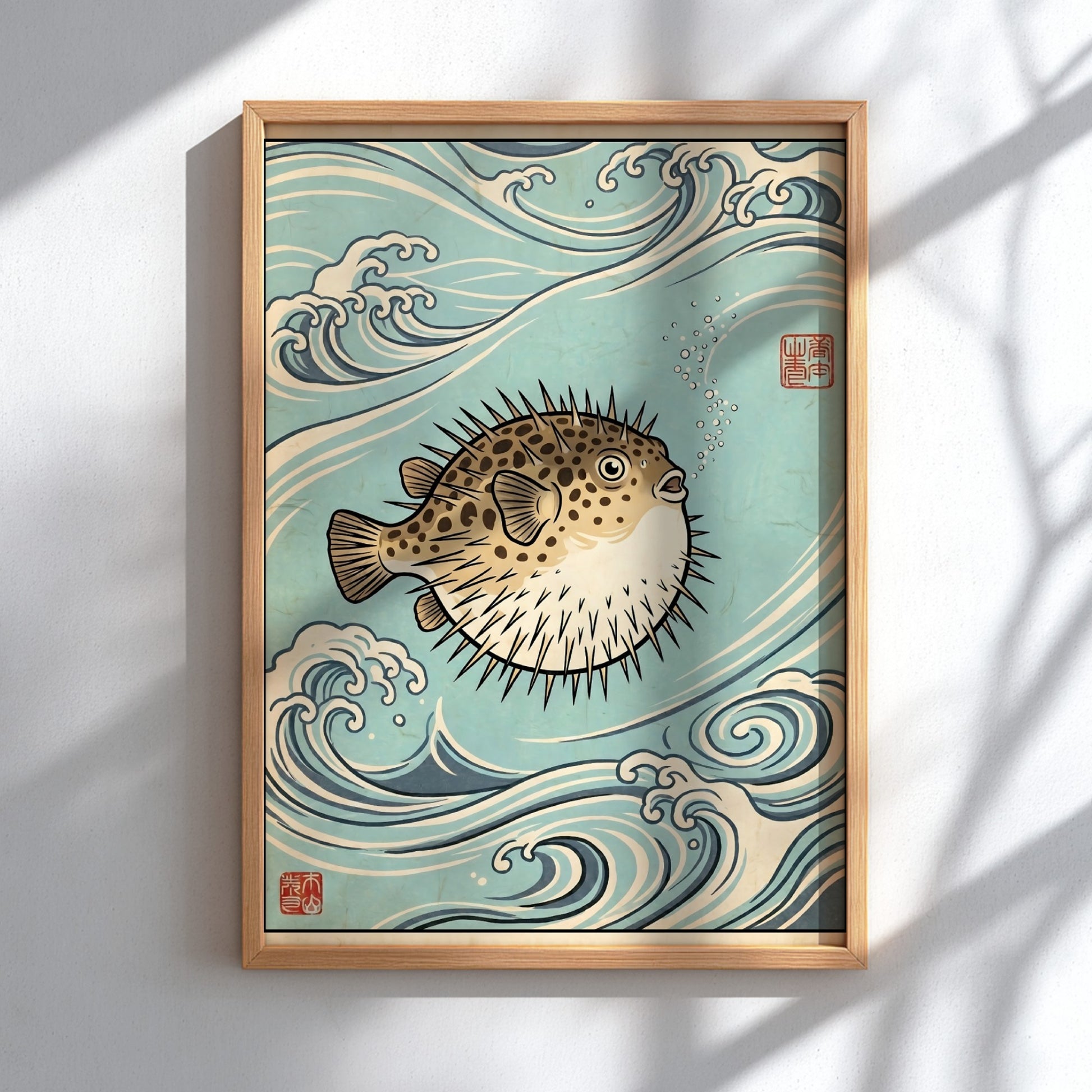 Japanese art style poster featuring a pufferfish surrounded by ocean waves in blue tones
