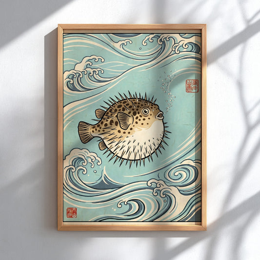 Japanese art style poster featuring a pufferfish surrounded by ocean waves in blue tones