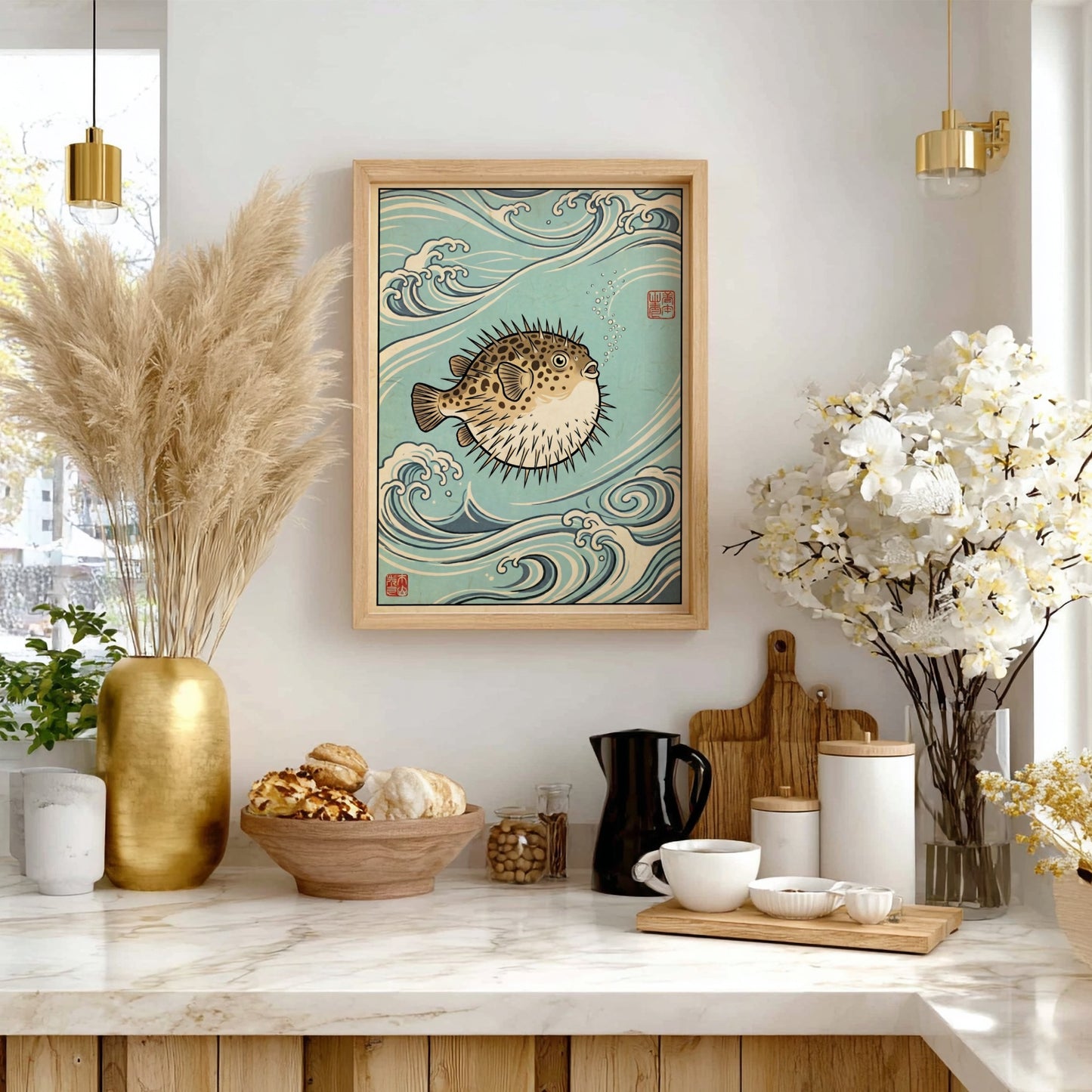 Japanese art style poster featuring a pufferfish surrounded by ocean waves in blue tones