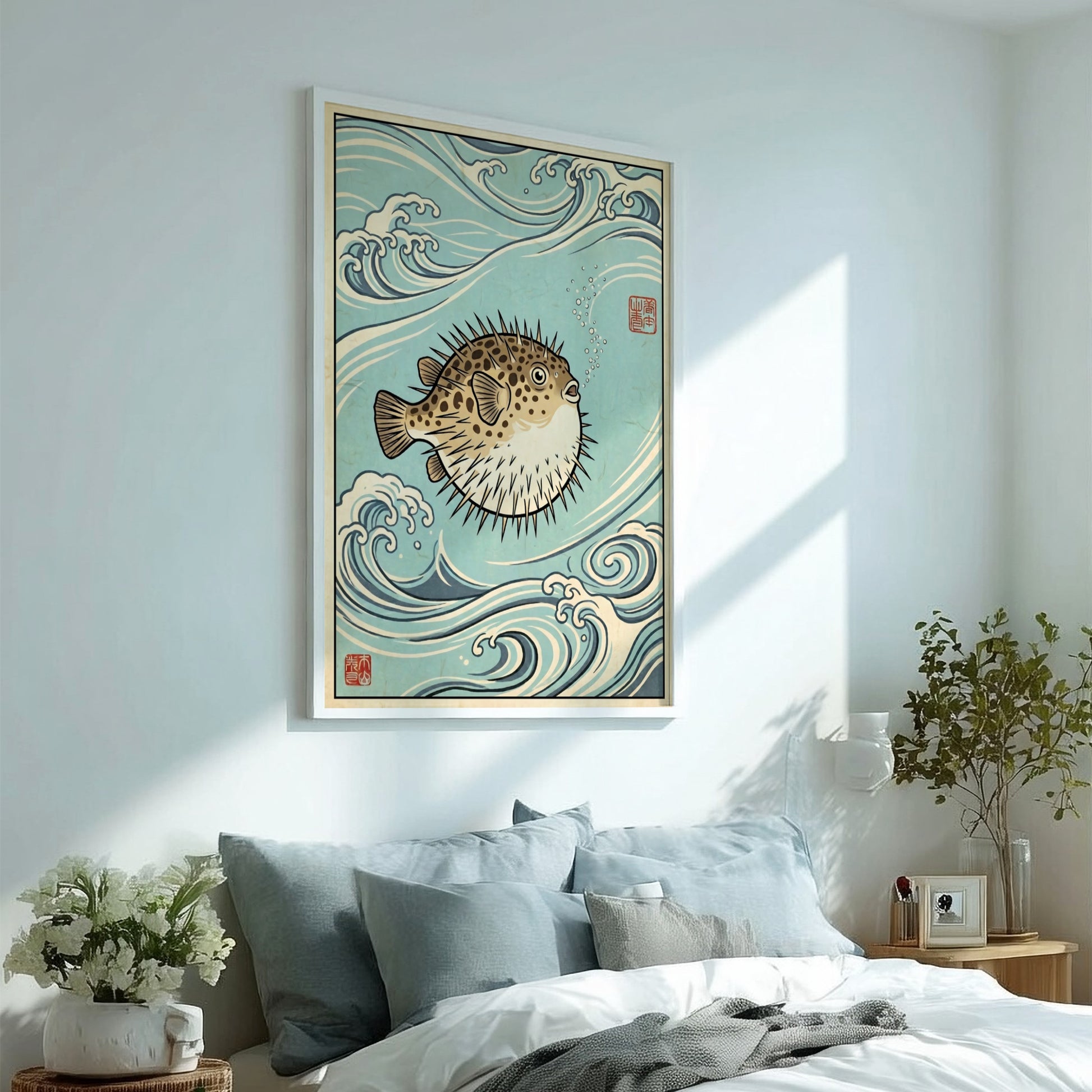 Japanese art style poster featuring a pufferfish surrounded by ocean waves in blue tones