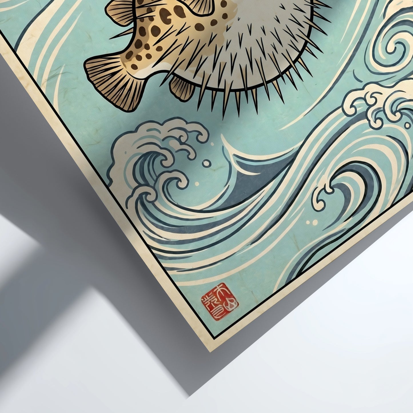 Japanese art style poster featuring a pufferfish surrounded by ocean waves in blue tones