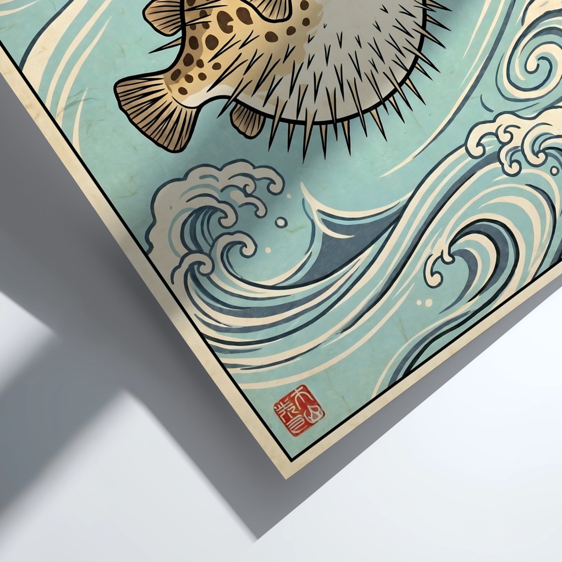 Japanese art style poster featuring a pufferfish surrounded by ocean waves in blue tones
