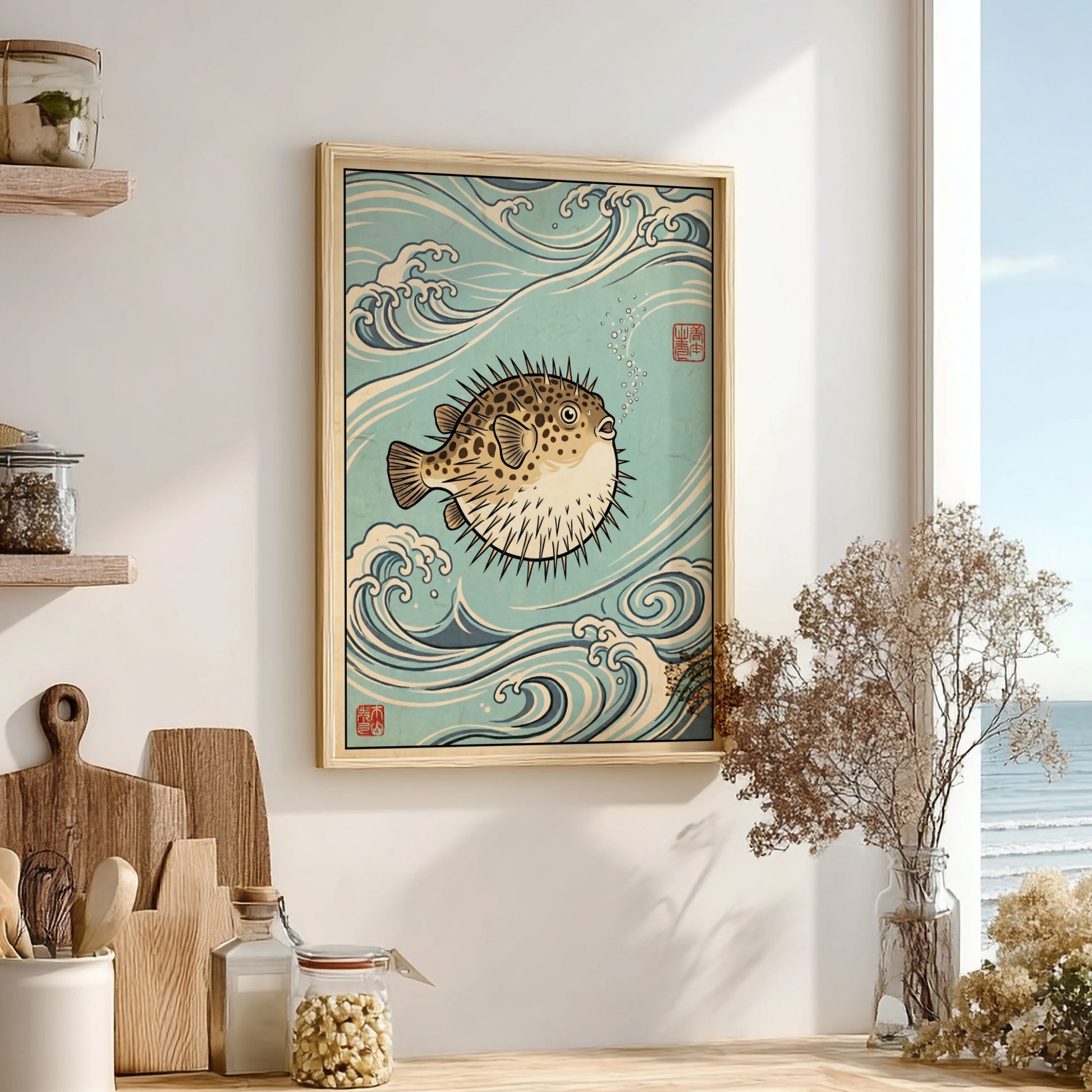 Japanese art style poster featuring a pufferfish surrounded by ocean waves in blue tones