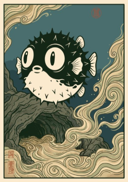 Poster featuring a black pufferfish floating above a rocky cave with swirling currents