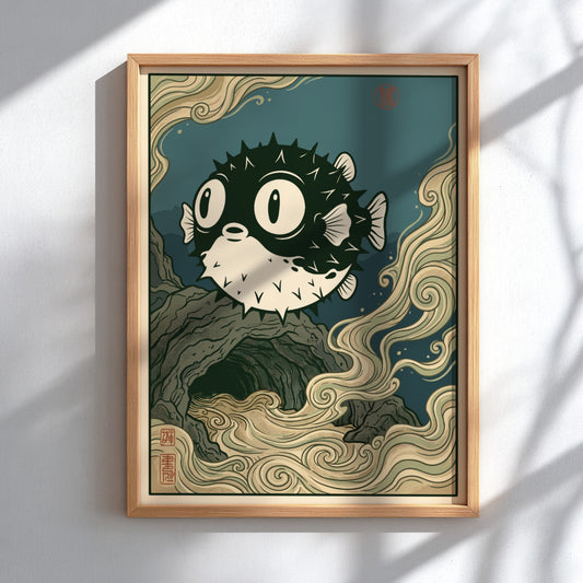 Poster featuring a black pufferfish floating above a rocky cave with swirling currents
