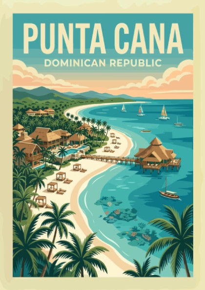 Retro travel poster of Punta Cana, Dominican Republic, featuring a tropical beach scene with palm trees and
