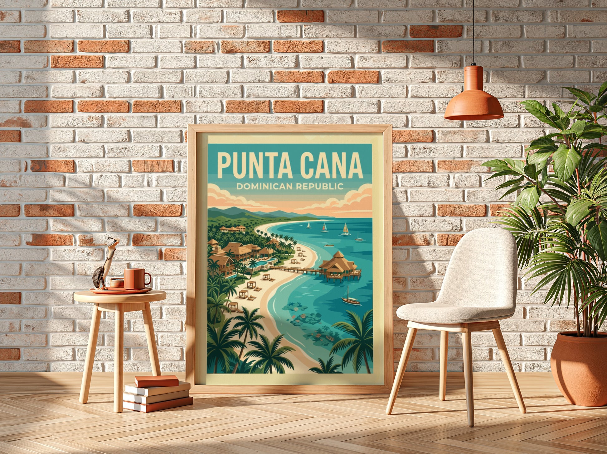 Retro travel poster of Punta Cana, Dominican Republic, featuring a tropical beach scene with palm trees and