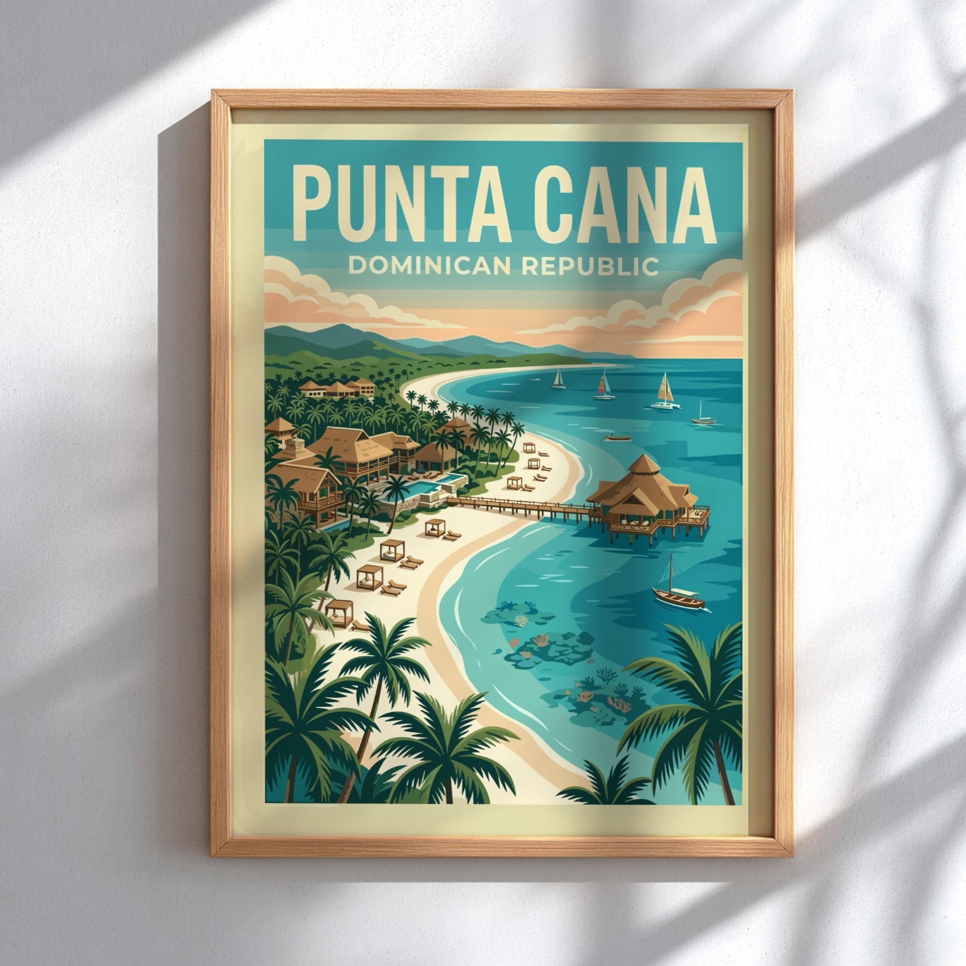 Retro travel poster of Punta Cana, Dominican Republic, featuring a tropical beach scene with palm trees and
