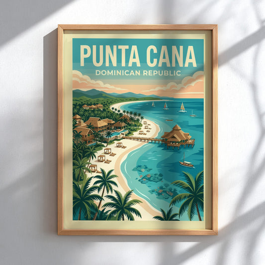 Retro travel poster of Punta Cana, Dominican Republic, featuring a tropical beach scene with palm trees and