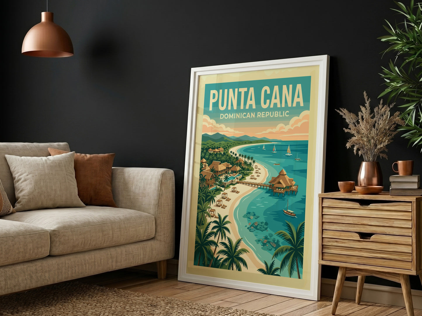 Retro travel poster of Punta Cana, Dominican Republic, featuring a tropical beach scene with palm trees and