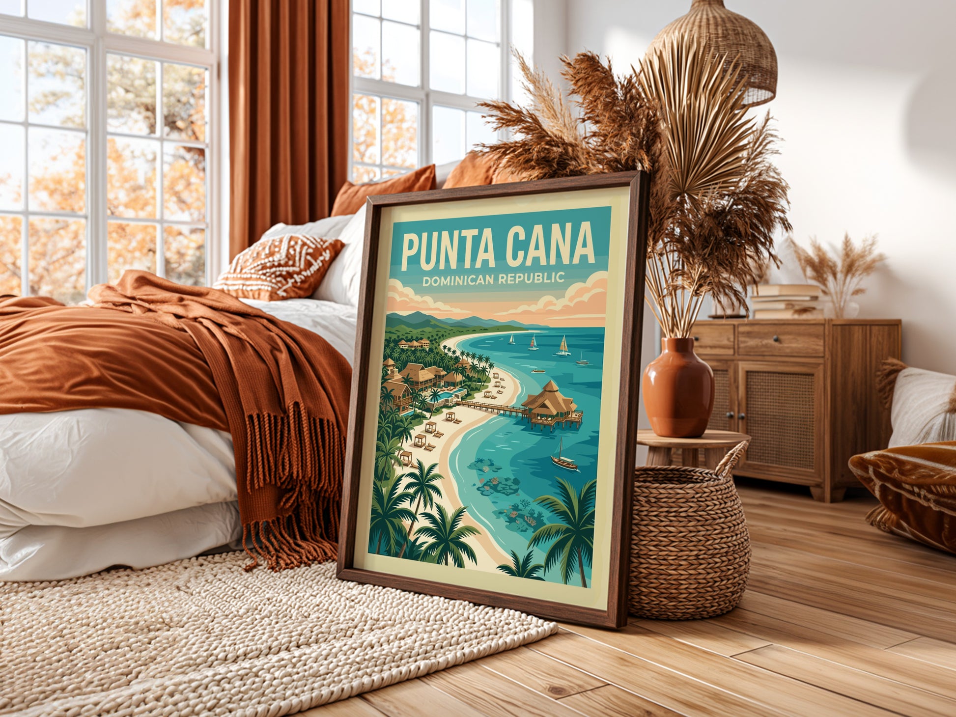 Retro travel poster of Punta Cana, Dominican Republic, featuring a tropical beach scene with palm trees and