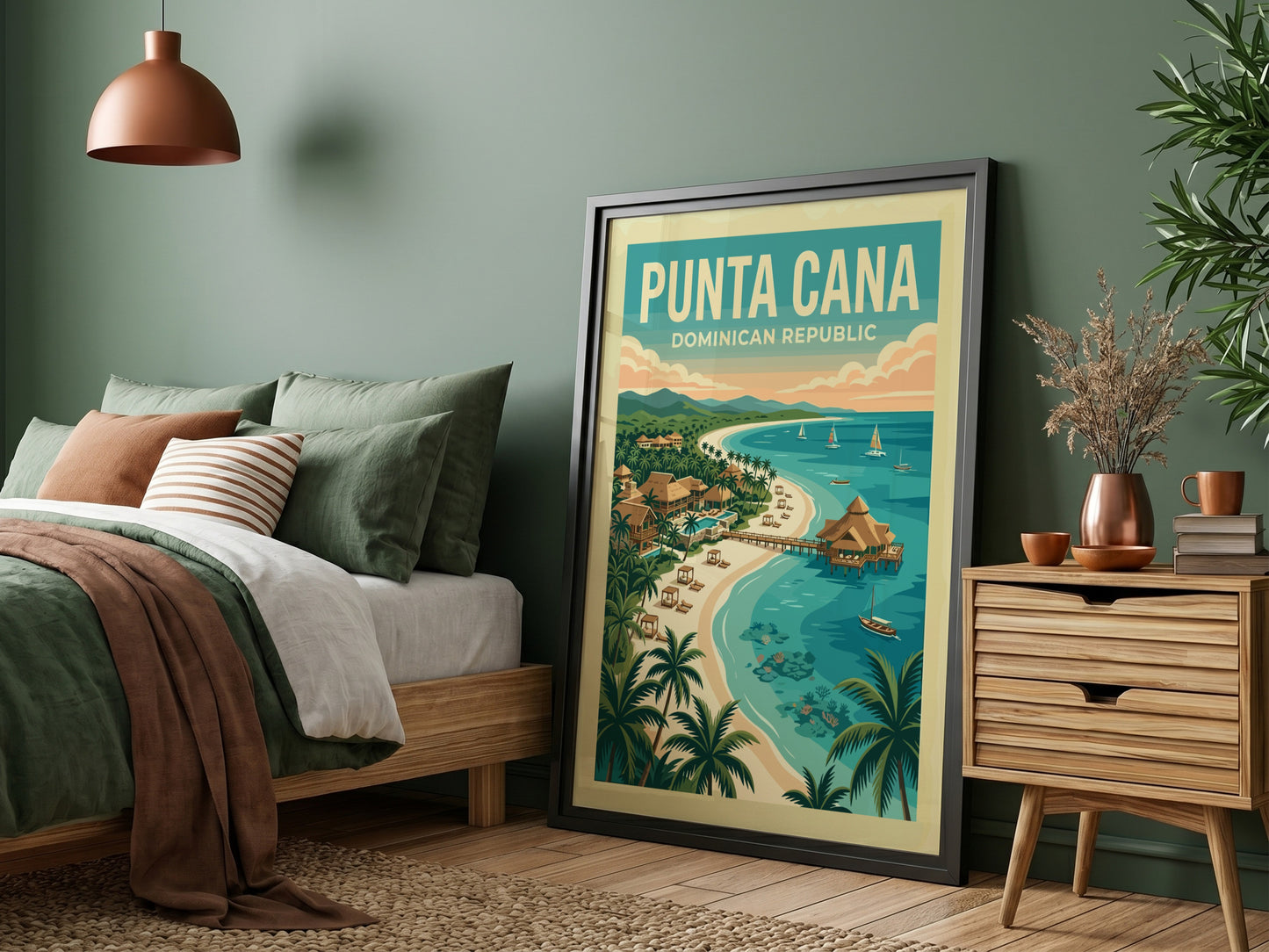 Retro travel poster of Punta Cana, Dominican Republic, featuring a tropical beach scene with palm trees and