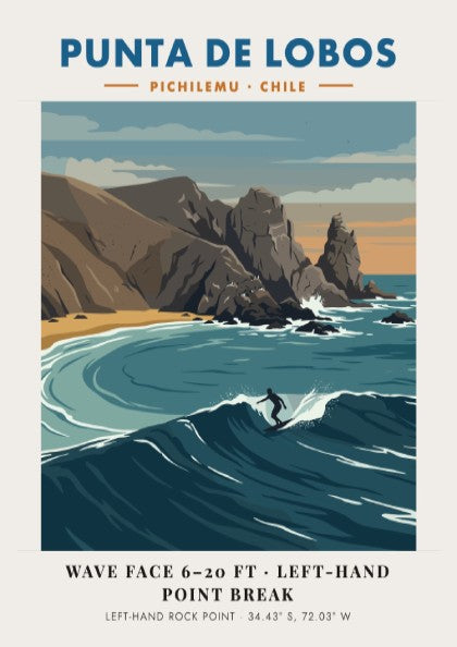 Punta De Lobos surf break poster featuring blue waves and rocky Chilean coastline.