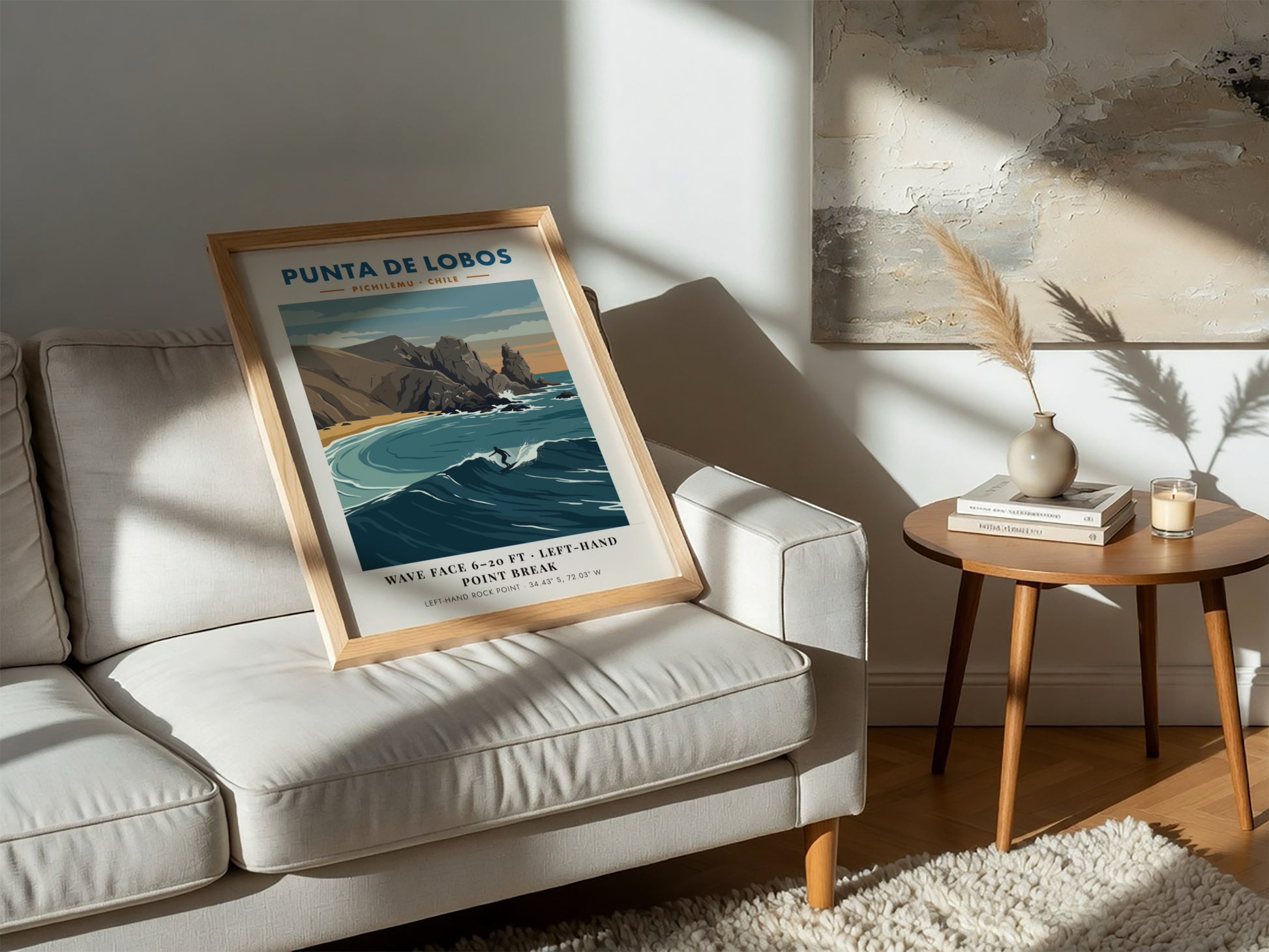 Punta De Lobos surf break poster featuring blue waves and rocky Chilean coastline.