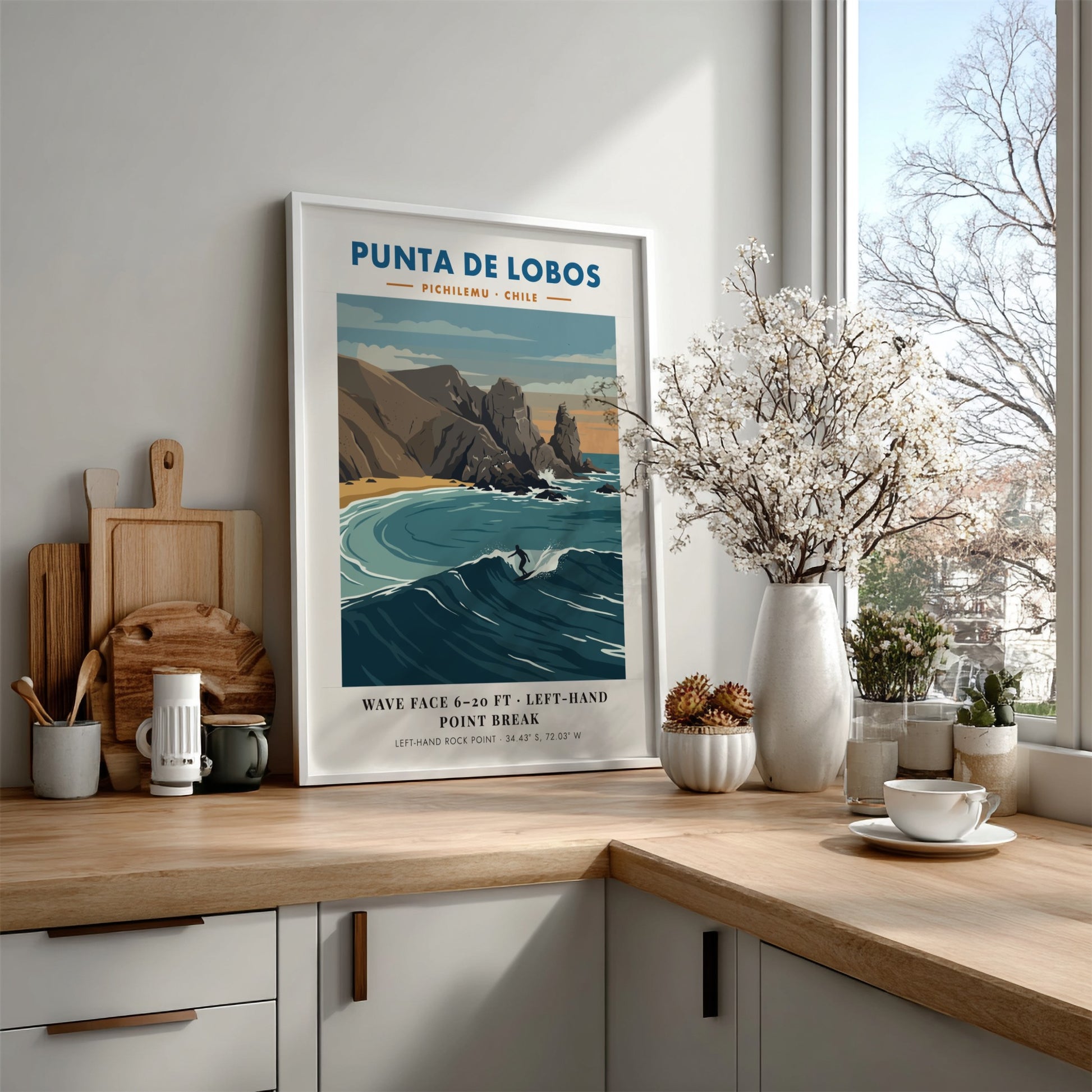 Punta De Lobos surf break poster featuring blue waves and rocky Chilean coastline.