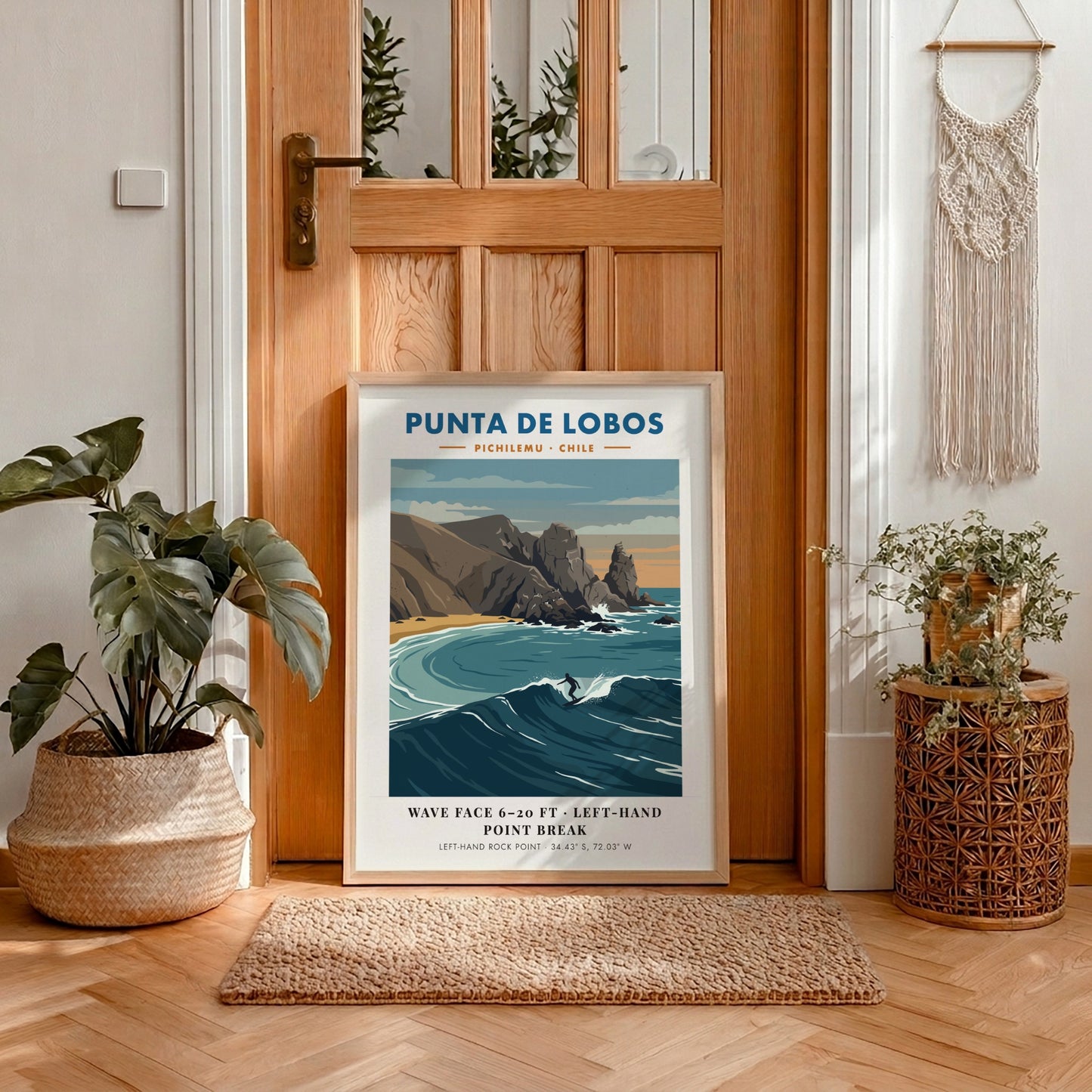 Punta De Lobos surf break poster featuring blue waves and rocky Chilean coastline.