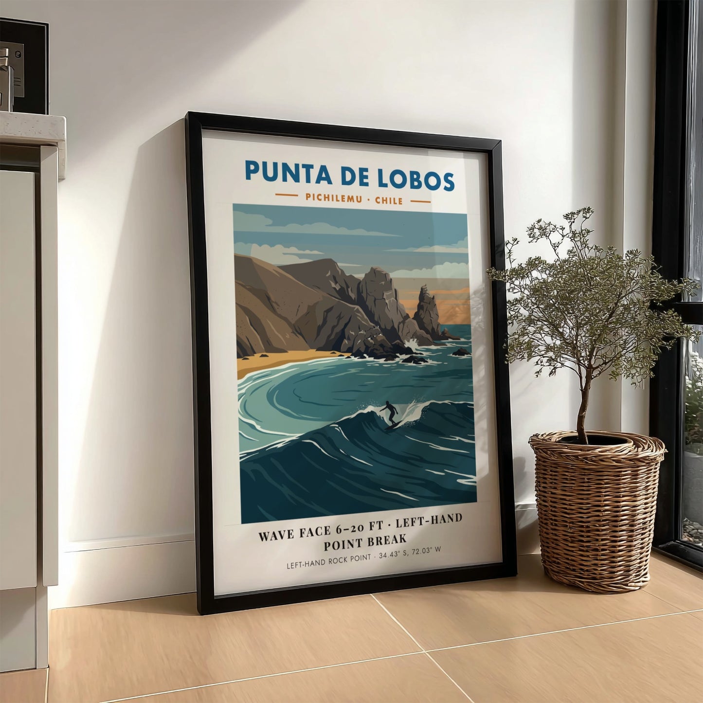 Punta De Lobos surf break poster featuring blue waves and rocky Chilean coastline.