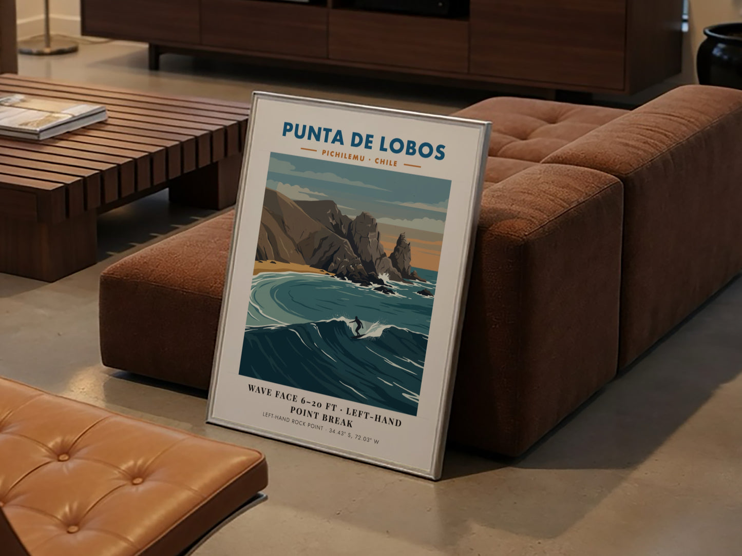 Punta De Lobos surf break poster featuring blue waves and rocky Chilean coastline.