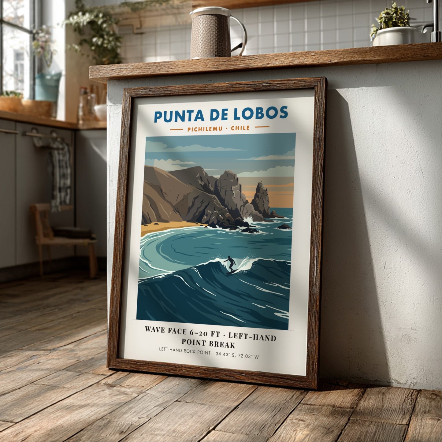 Punta De Lobos surf break poster featuring blue waves and rocky Chilean coastline.