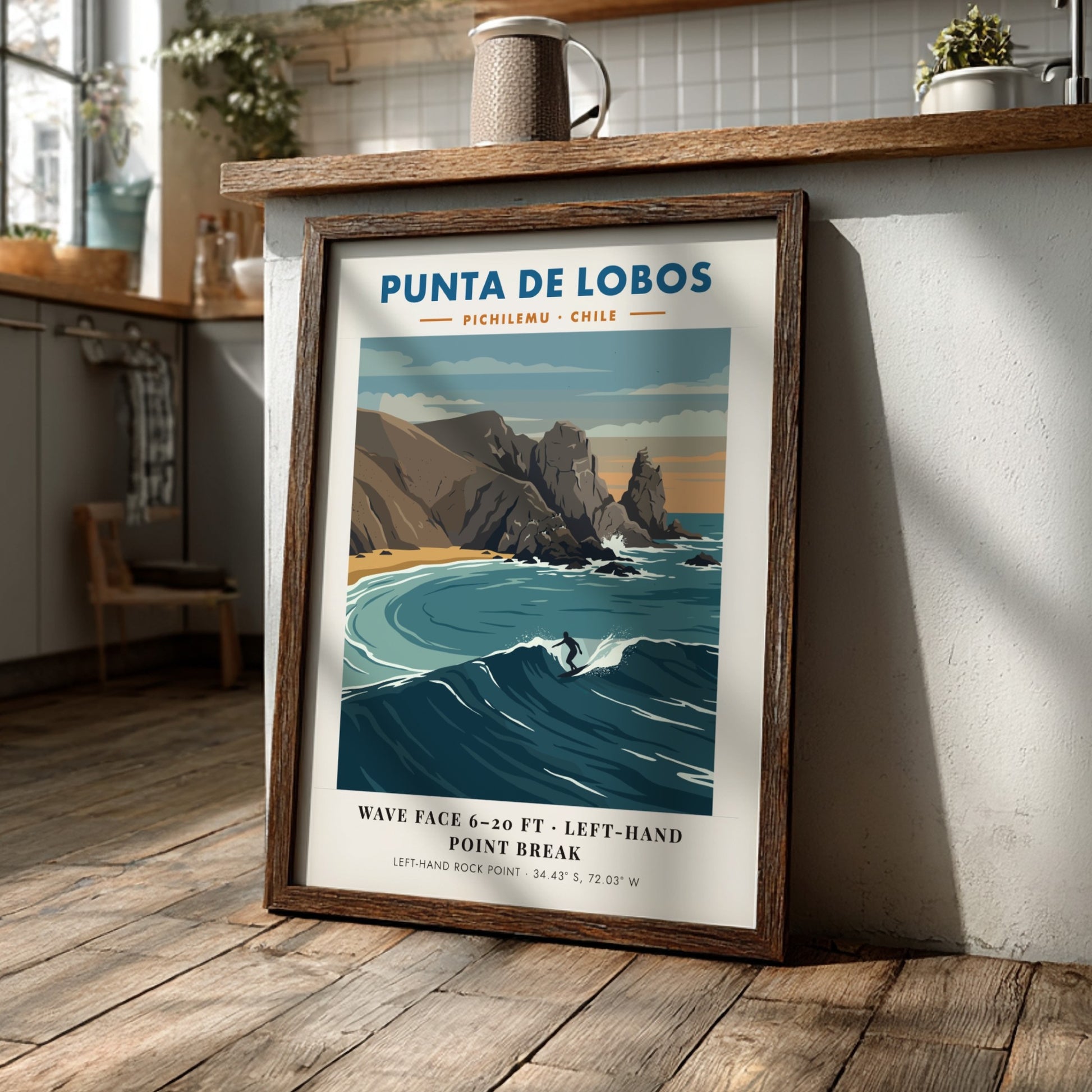 Punta De Lobos surf break poster featuring blue waves and rocky Chilean coastline.