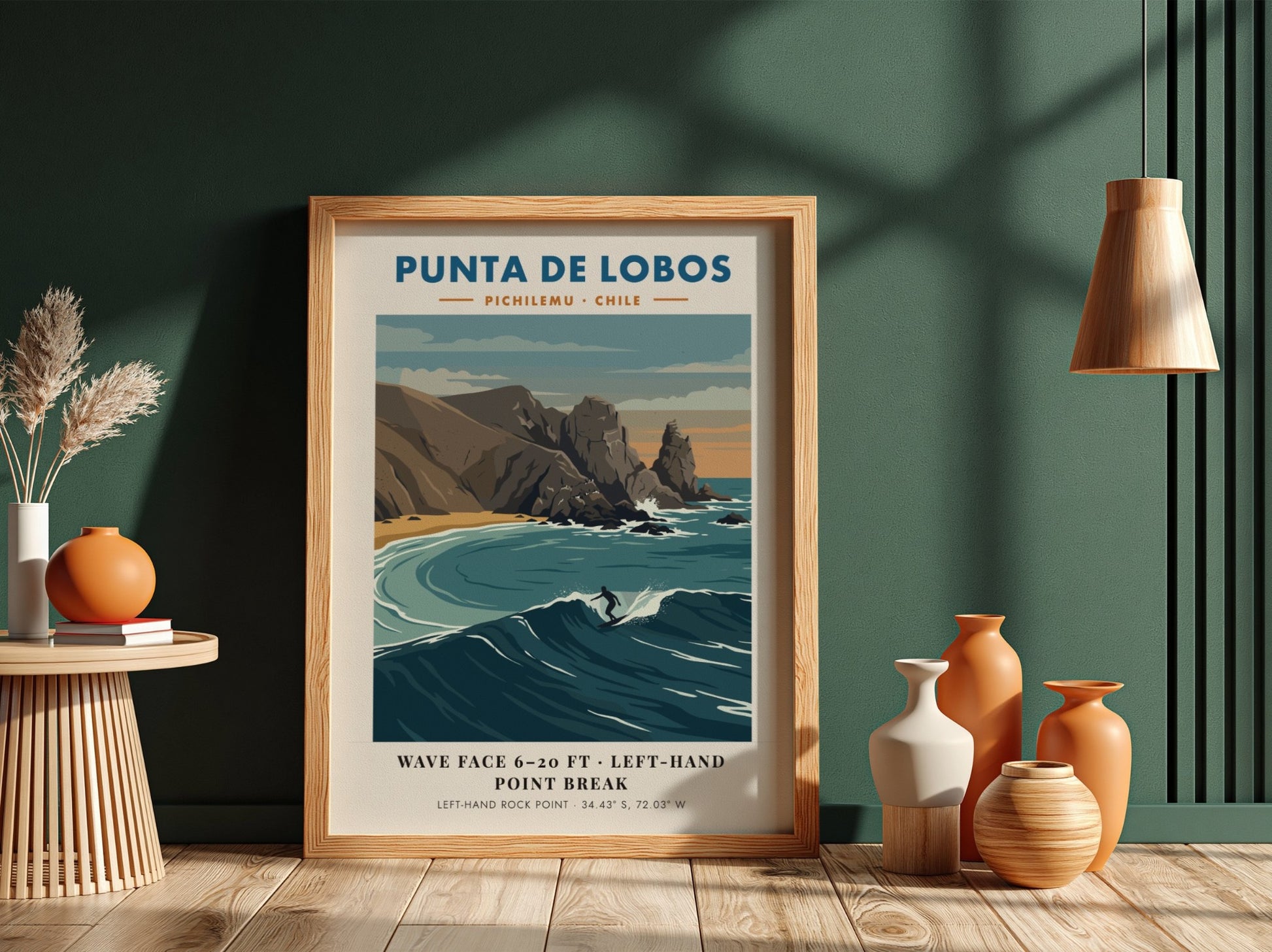 Punta De Lobos surf break poster featuring blue waves and rocky Chilean coastline.