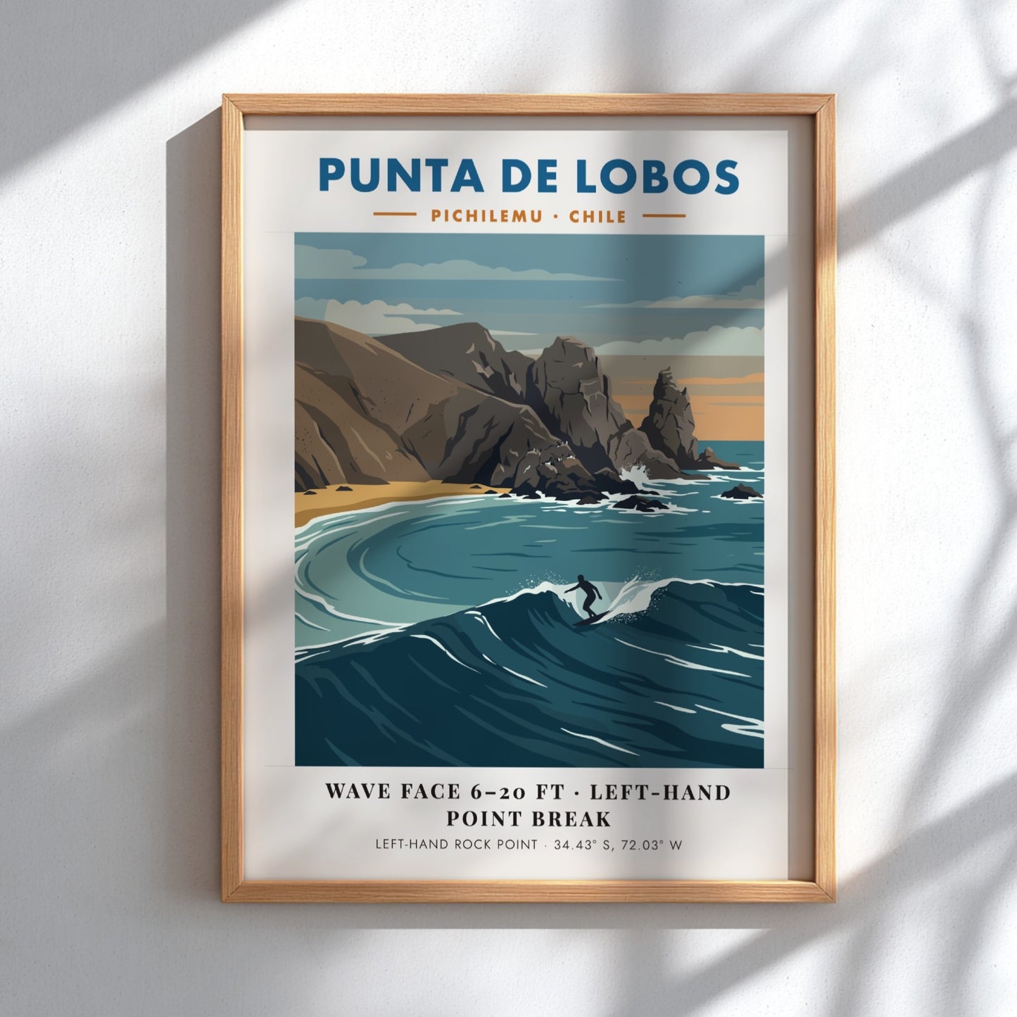 Punta De Lobos surf break poster featuring blue waves and rocky Chilean coastline.