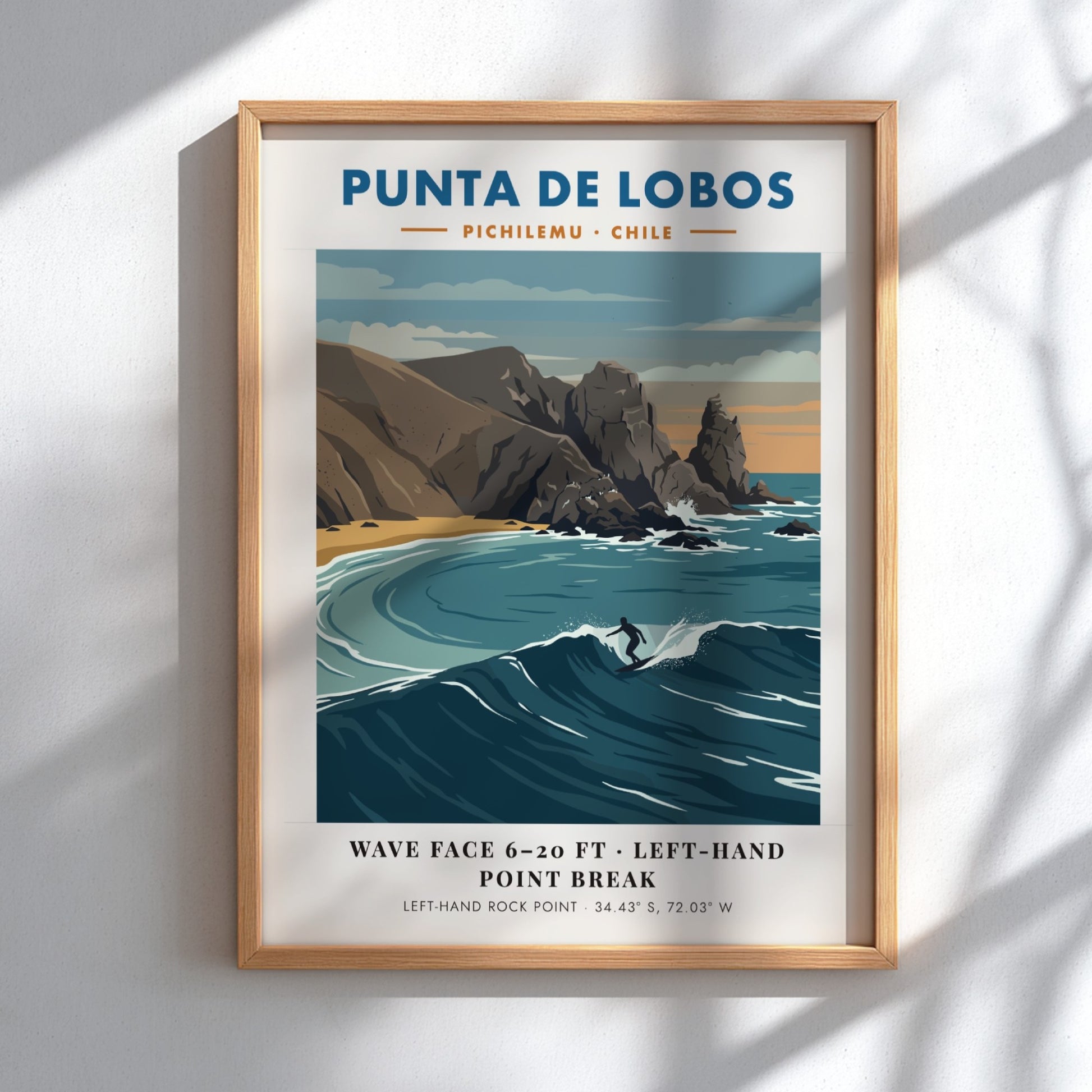 Punta De Lobos surf break poster featuring blue waves and rocky Chilean coastline.