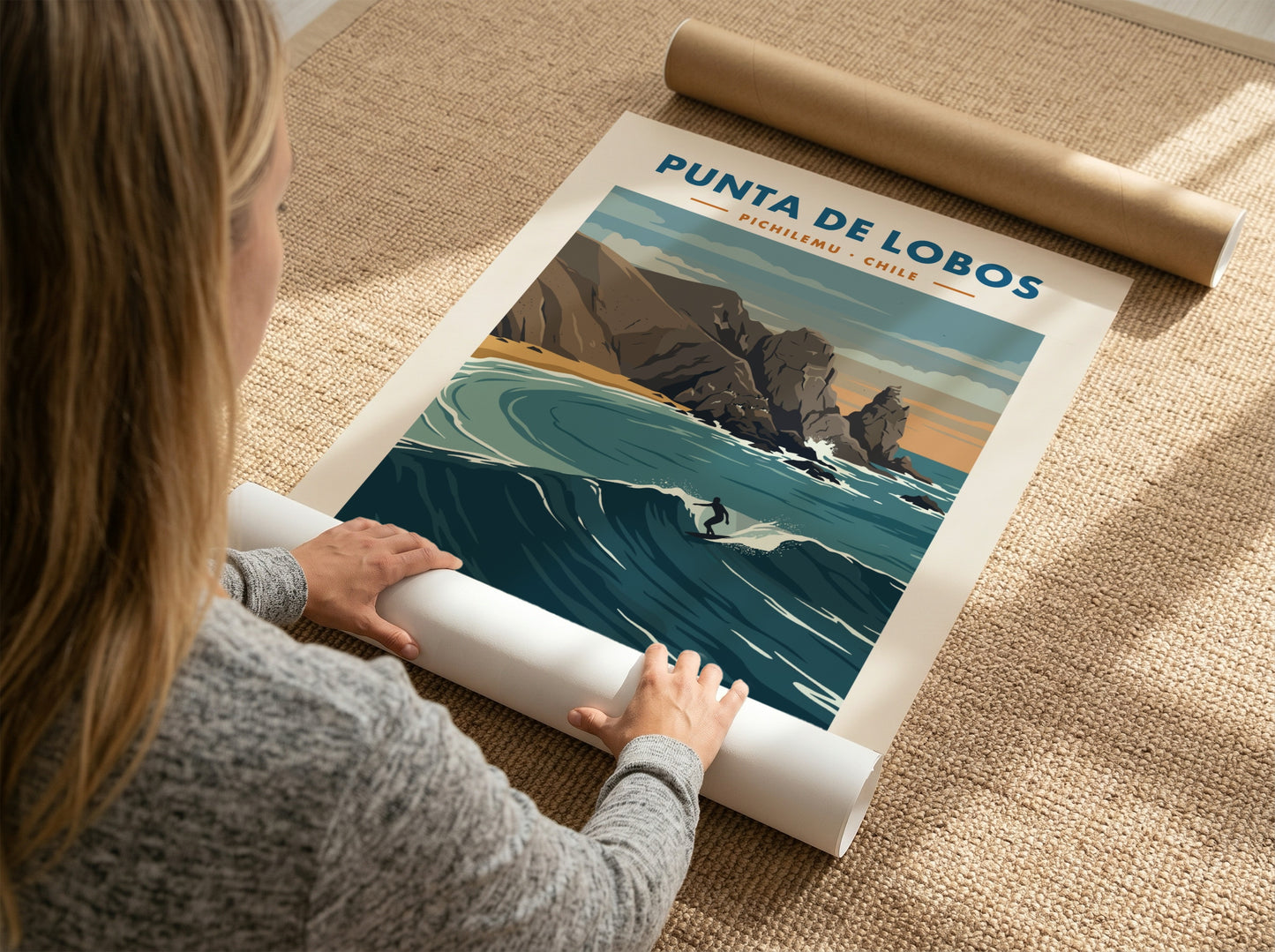 Punta De Lobos surf break poster featuring blue waves and rocky Chilean coastline.