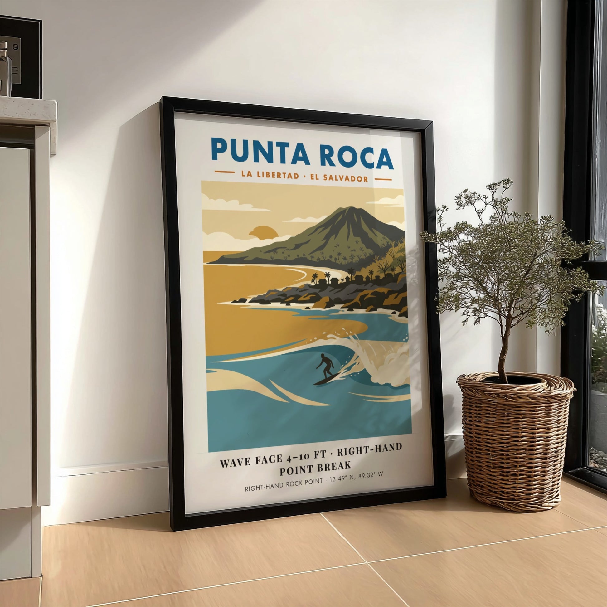 Surf poster featuring Punta Roca in El Salvador with blue waves and mountains.