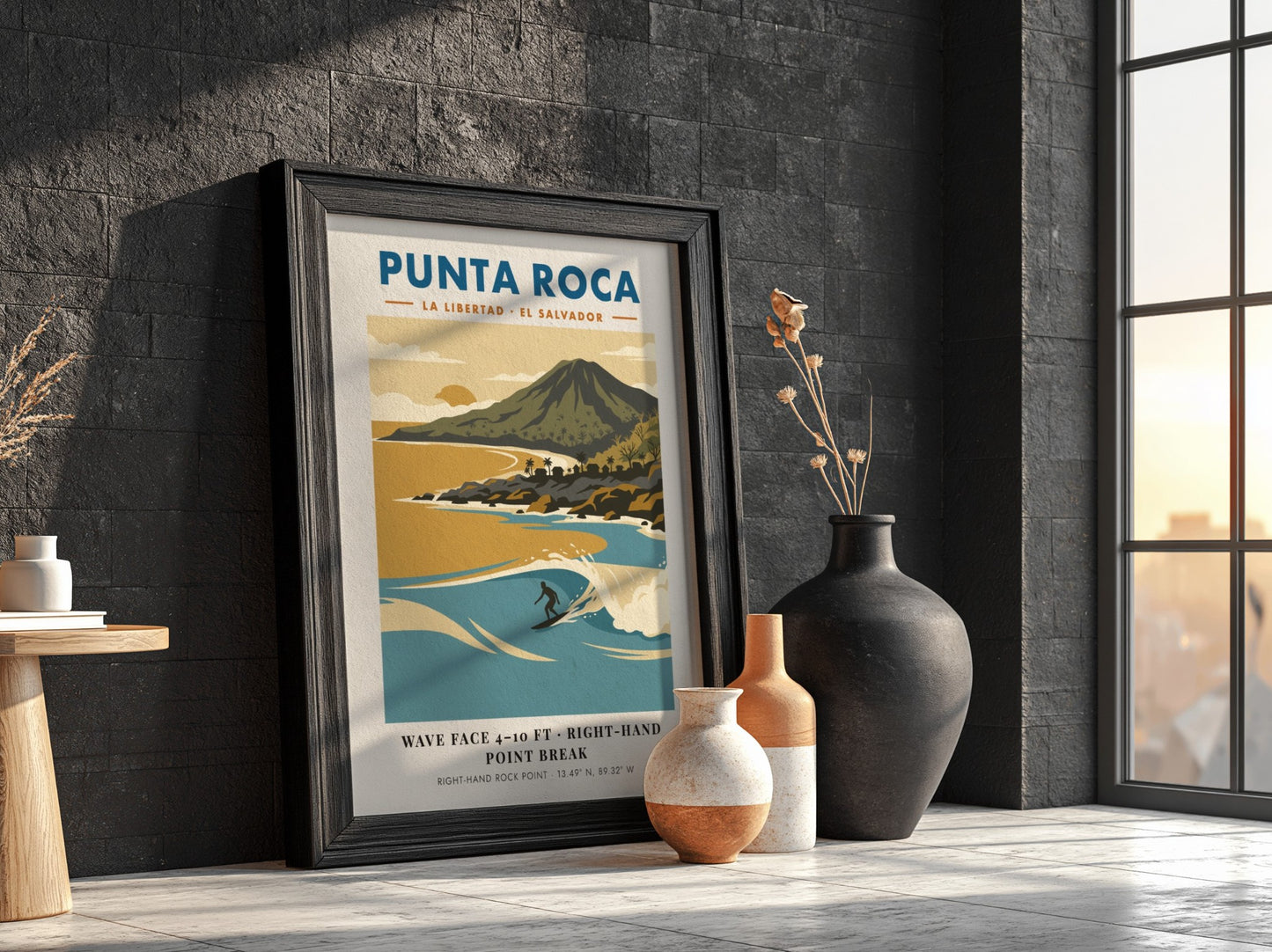 Surf poster featuring Punta Roca in El Salvador with blue waves and mountains.