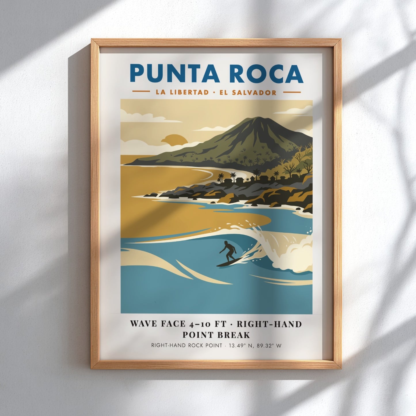 Surf poster featuring Punta Roca in El Salvador with blue waves and mountains.