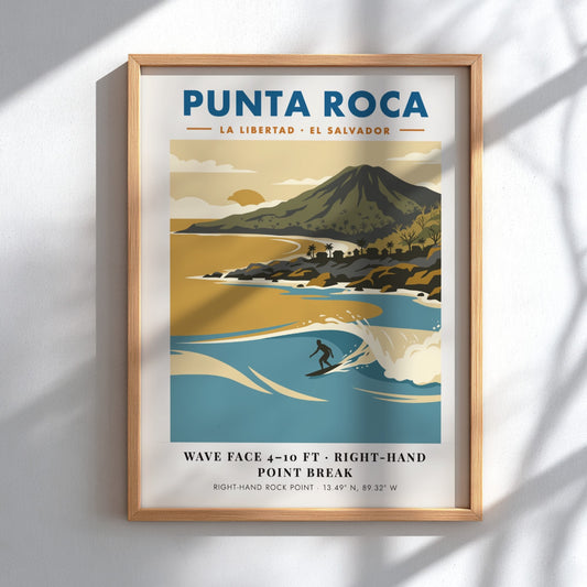 Surf poster featuring Punta Roca in El Salvador with blue waves and mountains.