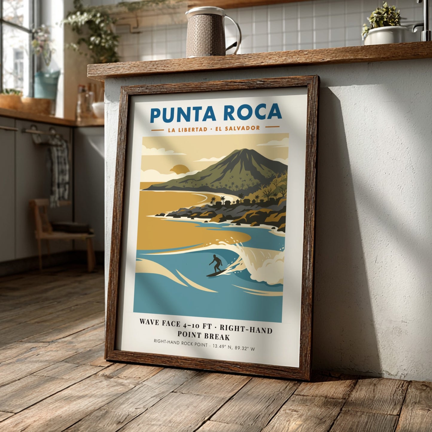 Surf poster featuring Punta Roca in El Salvador with blue waves and mountains.